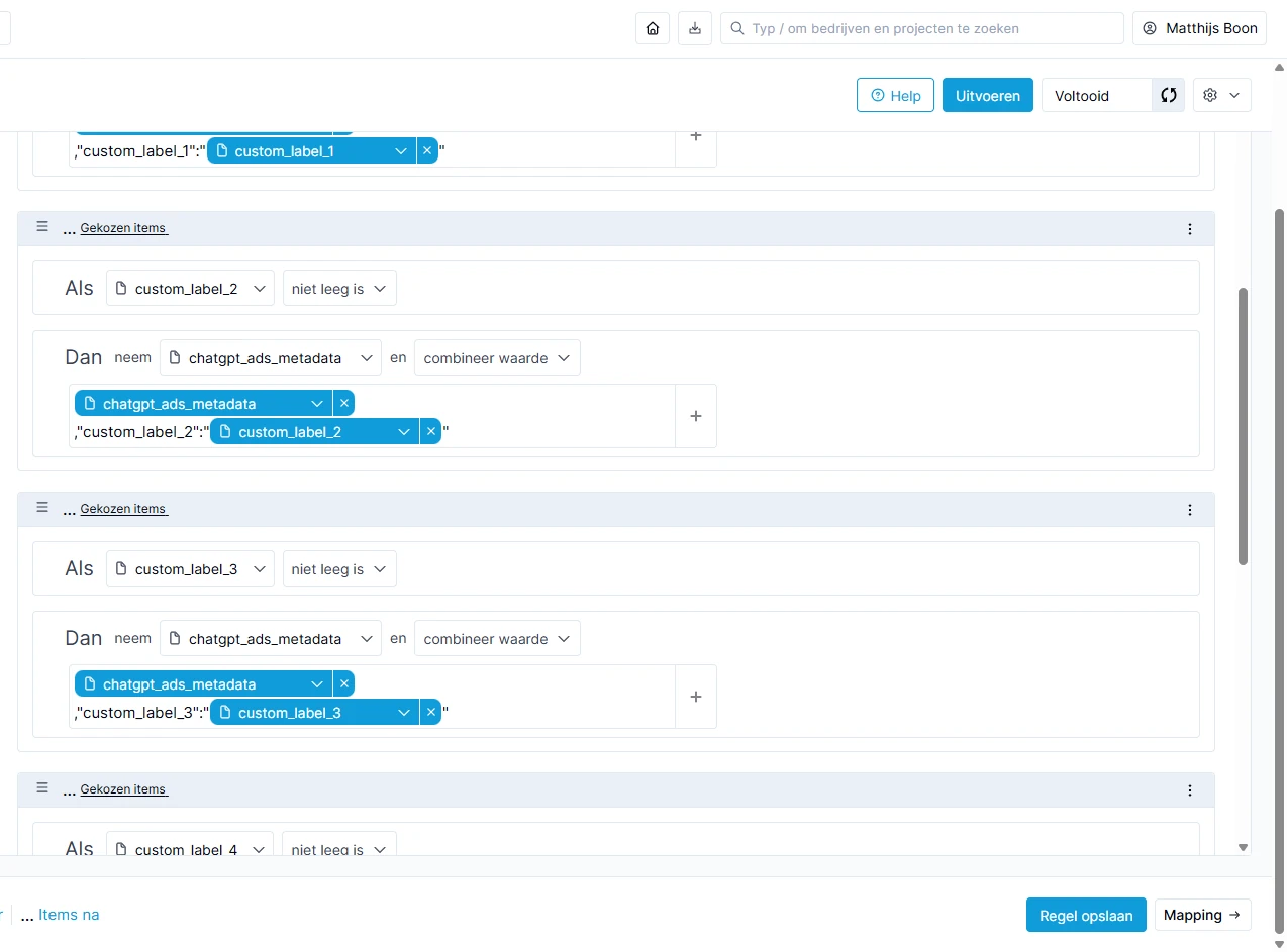 Channable sections that only add custom_label_2 and custom_label_3 when those source fields aren't empty.
