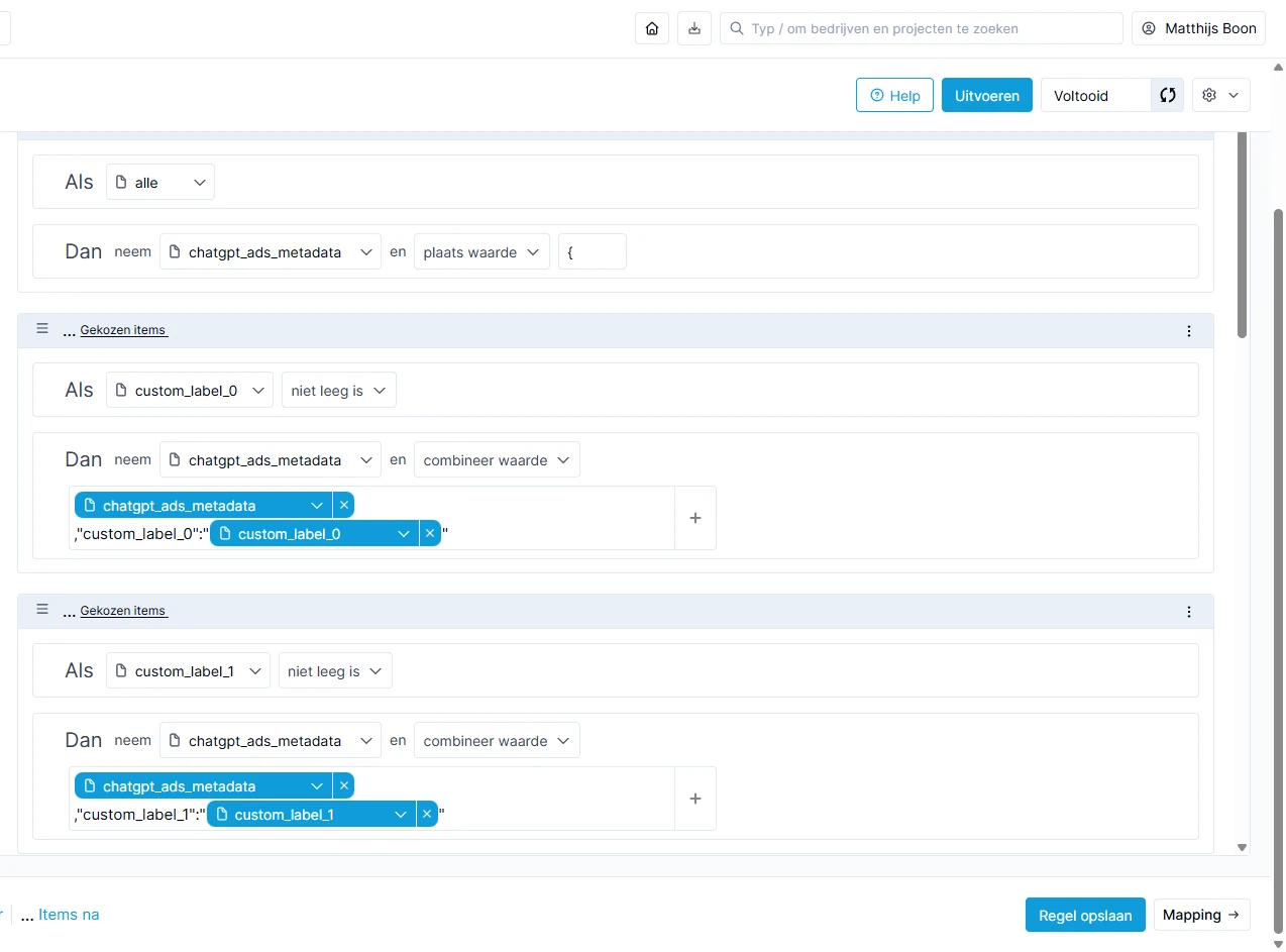 Channable rule that starts with a brace and adds custom_label_0 and custom_label_1 to chatgpt_ads_metadata.