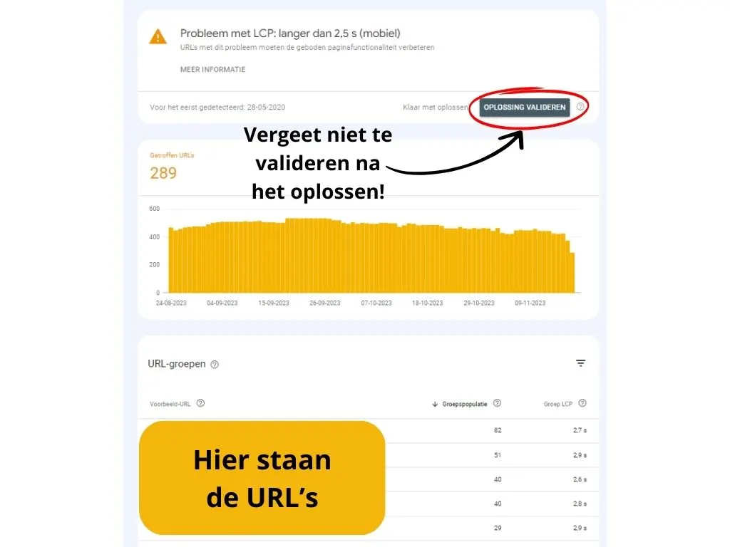 google search console core web vitals specific url